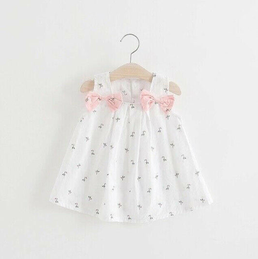 White Dress with Floral Print and Pink Shoulder Bows - MARIGOLD 