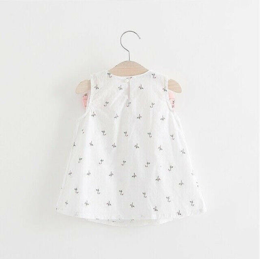 White Dress with Floral Print and Pink Shoulder Bows - MARIGOLD 