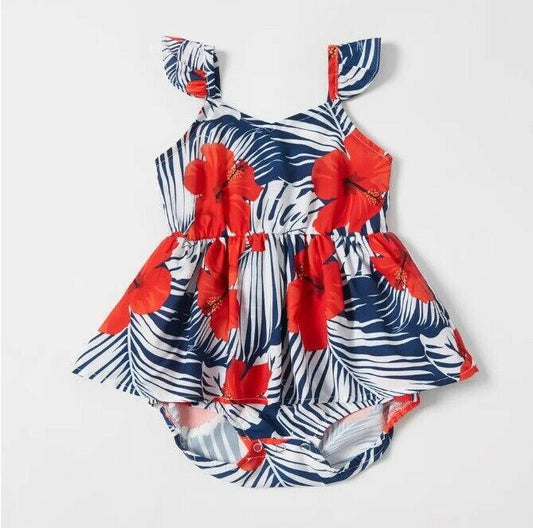 Red Hibiscus and Palm Print Baby Toddler Girls' Dress - MARIGOLD 