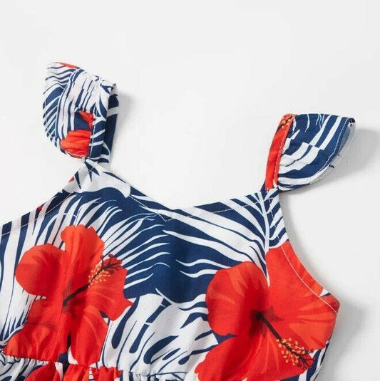 Red Hibiscus and Palm Print Baby Toddler Girls' Dress - MARIGOLD 