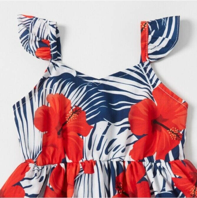 Red Hibiscus and Palm Print Baby Toddler Girls' Dress - MARIGOLD 