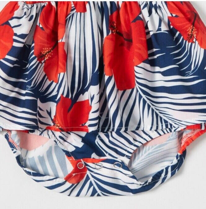 Red Hibiscus and Palm Print Baby Toddler Girls' Dress - MARIGOLD 