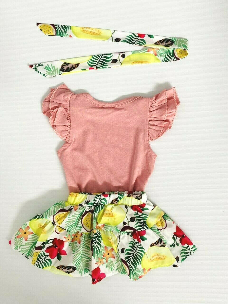 Tropical Fruit 3-Piece Baby Girl Outfit - Bodysuit, Skirt and Headband - MARIGOLD 