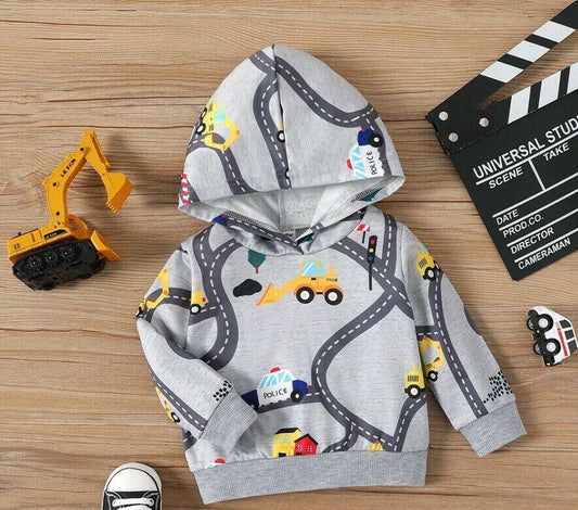 Light Grey Vehicle Print Baby Boys Hoodie Top - MARIGOLD 