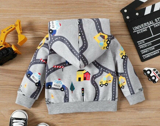 Light Grey Vehicle Print Baby Boys Hoodie Top - MARIGOLD 