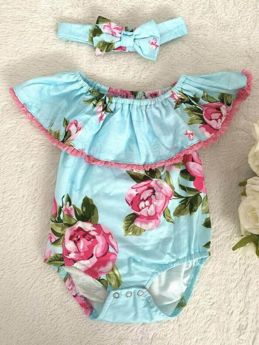 NEW Size 9-12 months Blue Pink Floral Ruffle Sleeve Baby Girl Romper & Headband - MARIGOLD 