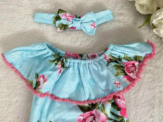 NEW Size 9-12 months Blue Pink Floral Ruffle Sleeve Baby Girl Romper & Headband - MARIGOLD 