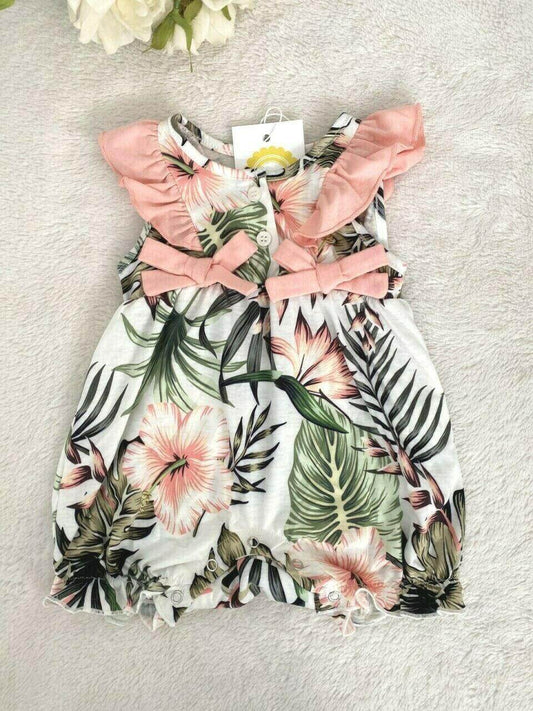 Size 3-6 months Baby Girls Romper New Cute Pink Hibiscus Palm Print Baby Romper - MARIGOLD 