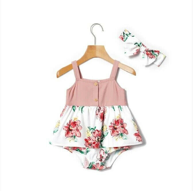 Dusty Pink & Floral Baby Dress & Bow Headband - MARIGOLD 