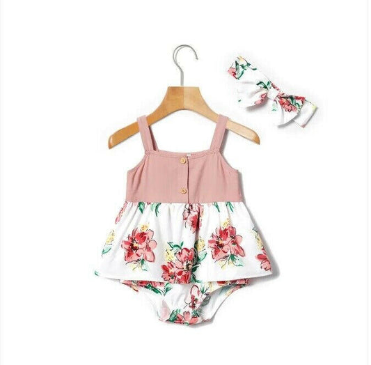 Dusty Pink & Floral Baby Dress & Bow Headband - MARIGOLD 
