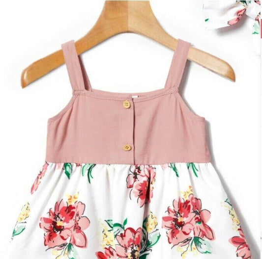 Dusty Pink & Floral Baby Dress & Bow Headband - MARIGOLD 