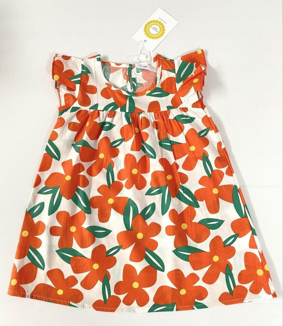 Tangerine Floral Flutter Sleeve Baby/Toddler Dress (100% Cotton) - MARIGOLD 