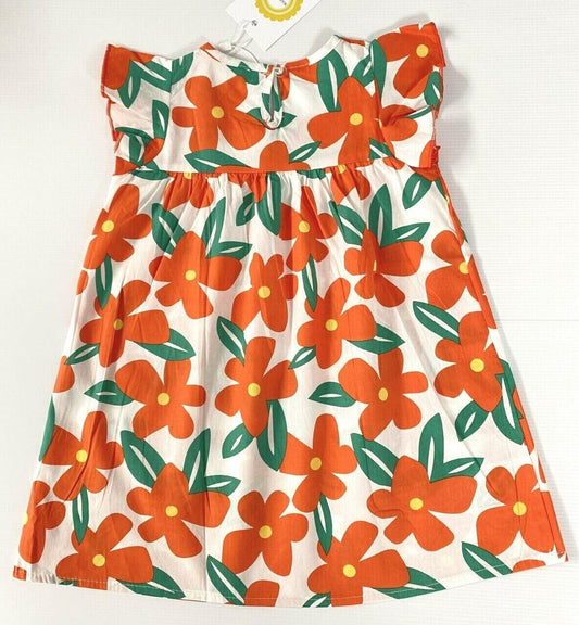 Tangerine Floral Flutter Sleeve Baby/Toddler Dress (100% Cotton) - MARIGOLD 