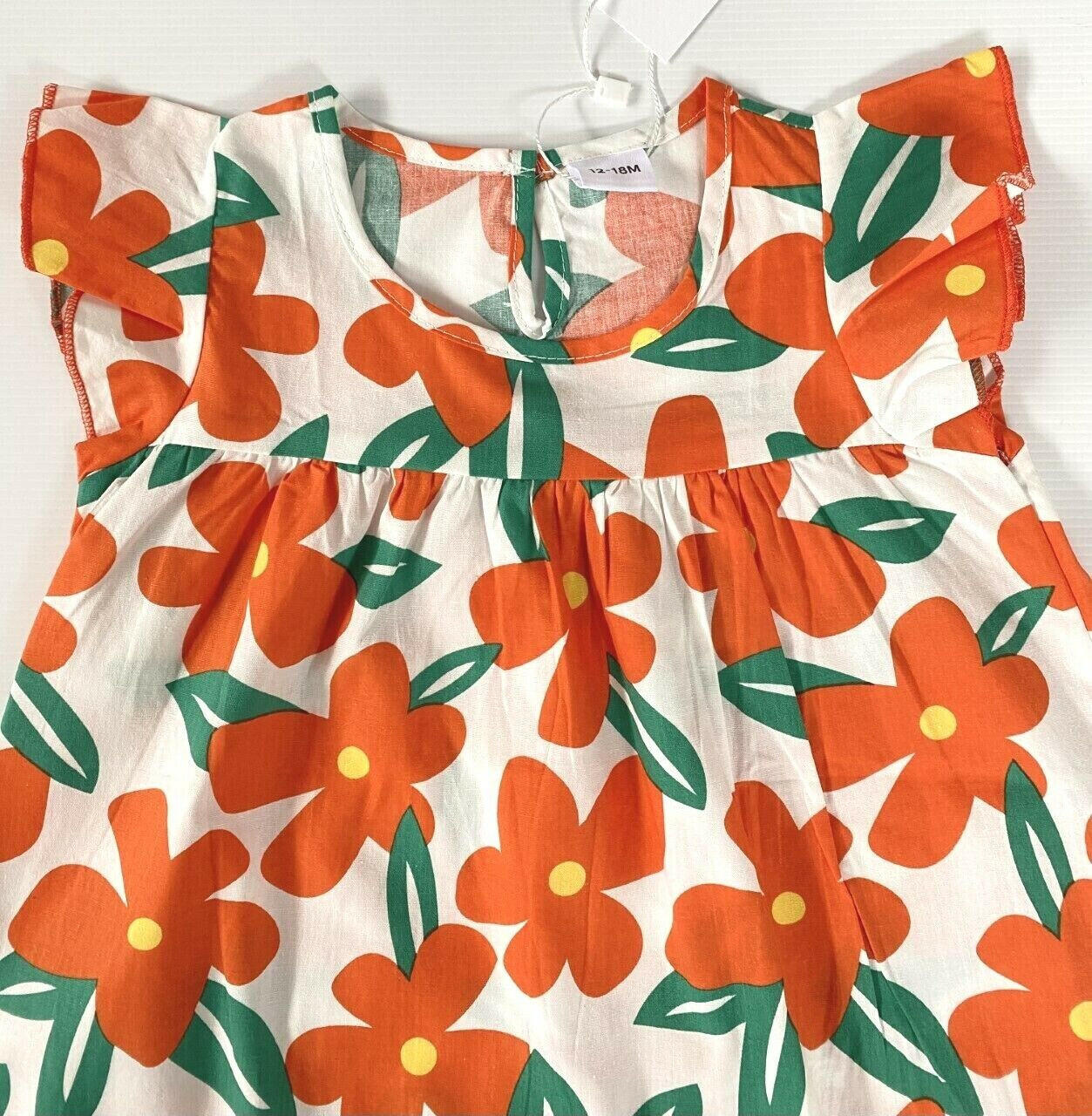 Tangerine Floral Flutter Sleeve Baby/Toddler Dress (100% Cotton) - MARIGOLD 