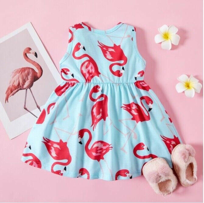 Baby Girls Dress Pink Flamingo Print Blue Baby Dress - MARIGOLD 