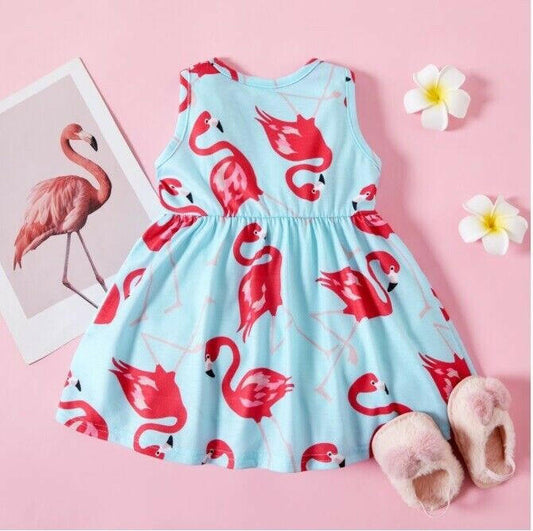 Baby Girls Dress Pink Flamingo Print Blue Baby Dress - MARIGOLD 