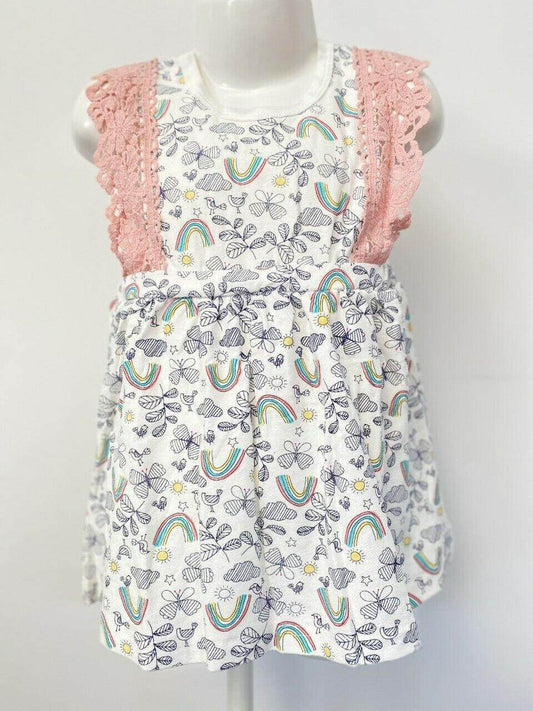 Rainbows and Butterflies Garden Baby Pinafore Dress (9-12M) - MARIGOLD 