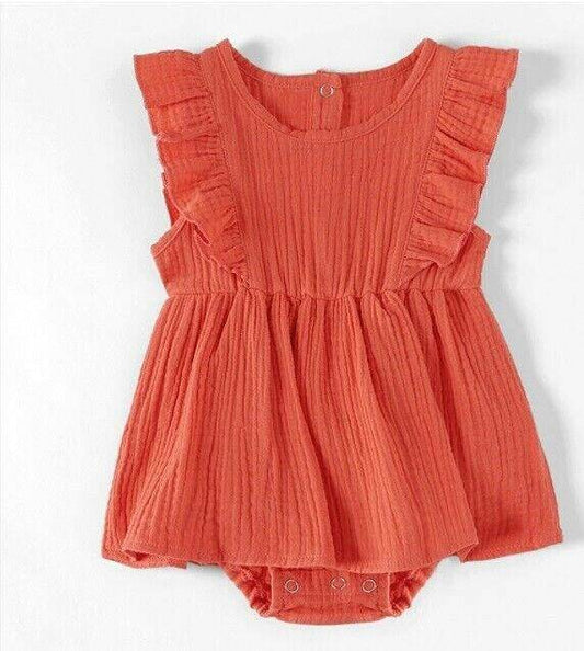 Coral Flutter Sleeve 100% Cotton Baby Girls Dress (3-6 Months) - MARIGOLD 