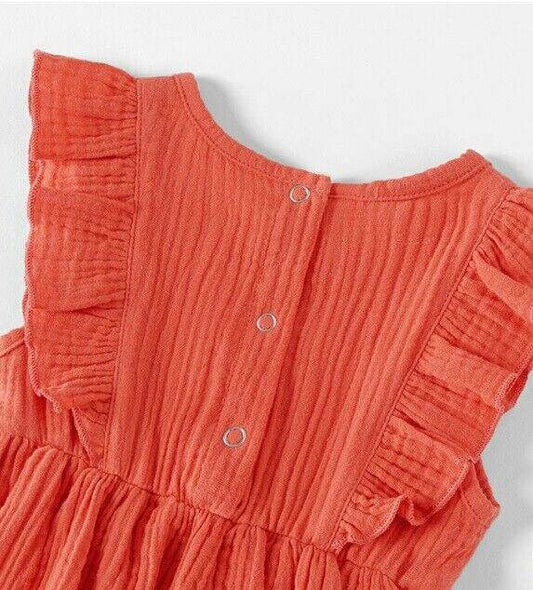 Coral Flutter Sleeve 100% Cotton Baby Girls Dress (3-6 Months) - MARIGOLD 
