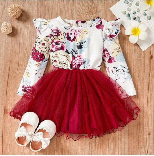 Dark Red Floral Long Sleeve Tulle Dress - MARIGOLD 