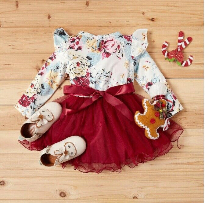 Dark Red Floral Long Sleeve Tulle Dress - MARIGOLD 