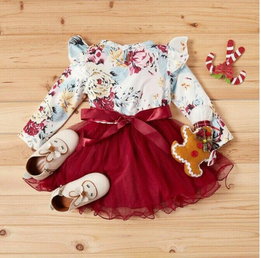 Dark Red Floral Long Sleeve Tulle Dress - MARIGOLD 