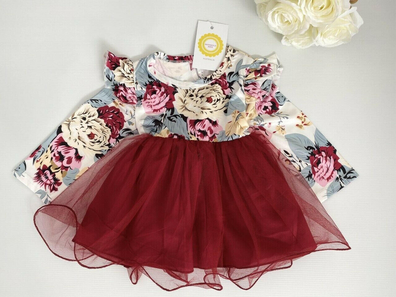 Dark Red Floral Long Sleeve Tulle Dress - MARIGOLD 