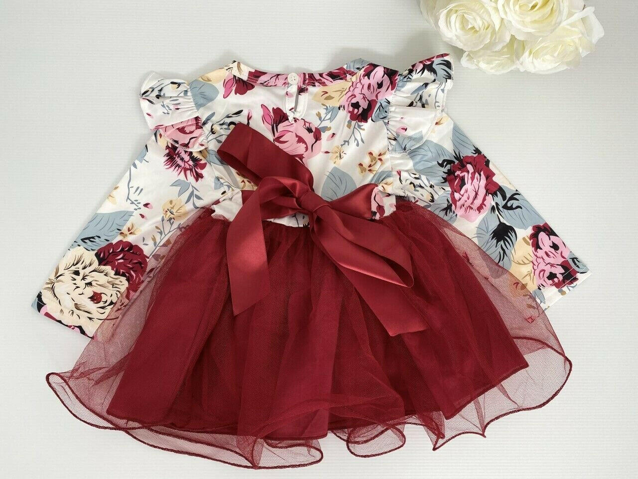 Dark Red Floral Long Sleeve Tulle Dress - MARIGOLD 