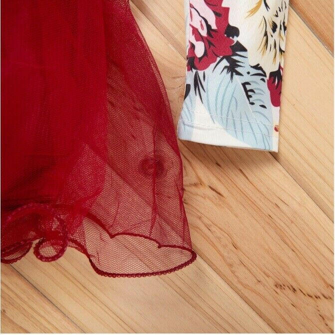 Dark Red Floral Long Sleeve Tulle Dress - MARIGOLD 