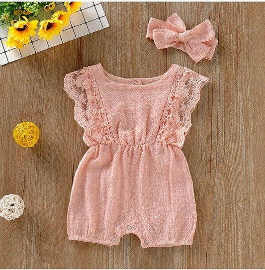 Coral Pink Lace Trim Baby Romper & Headband Set - MARIGOLD 