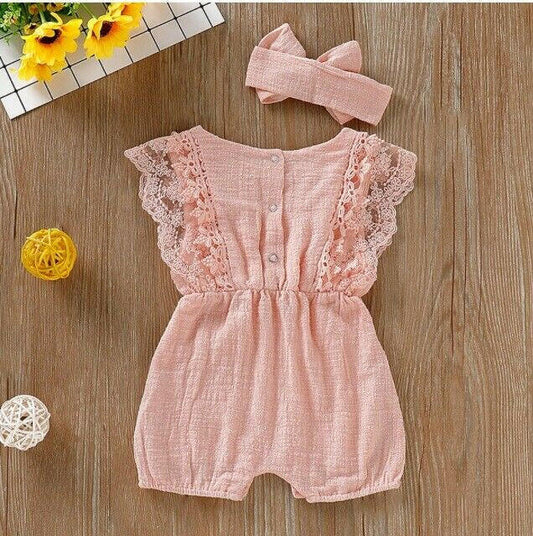 Coral Pink Lace Trim Baby Romper & Headband Set - MARIGOLD 