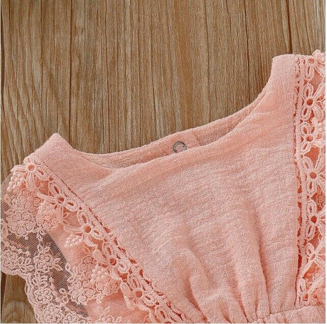 Coral Pink Lace Trim Baby Romper & Headband Set - MARIGOLD 