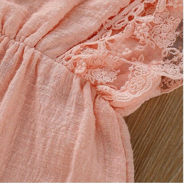 Coral Pink Lace Trim Baby Romper & Headband Set - MARIGOLD 