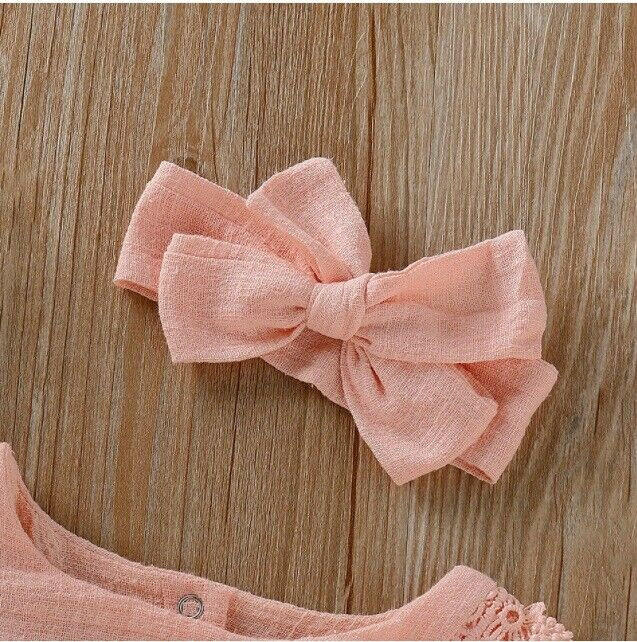 Coral Pink Lace Trim Baby Romper & Headband Set - MARIGOLD 
