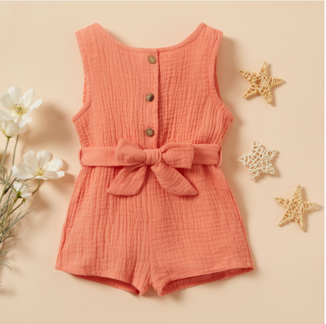Coral Pink Cotton Belted Playsuit - MARIGOLD 
