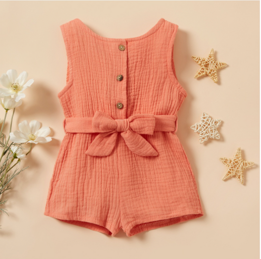 Coral Pink Cotton Belted Playsuit - MARIGOLD 