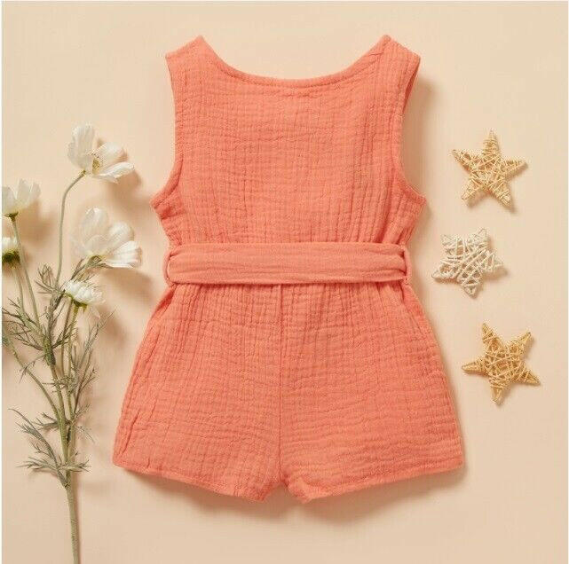 Coral Pink Cotton Belted Playsuit - MARIGOLD 