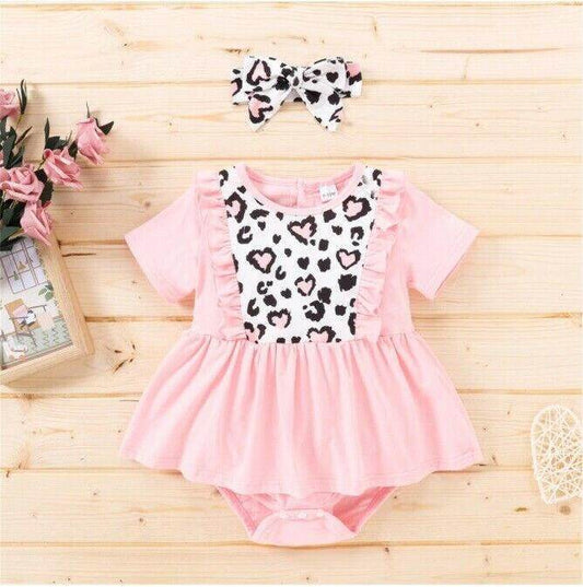 Size 0-3m to 9-12 months Baby Dress Pink Leopard Heart Print Dress & Headband - MARIGOLD 