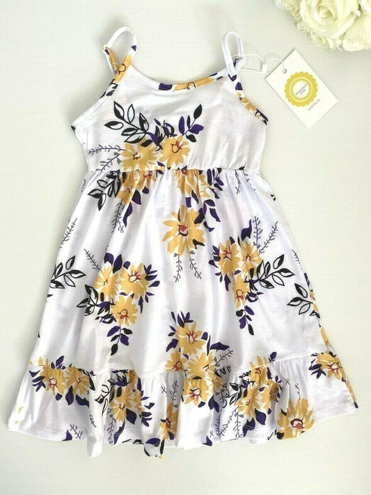 New Size 2 Girls Dress: Yellow Floral Print White Dress - MARIGOLD 
