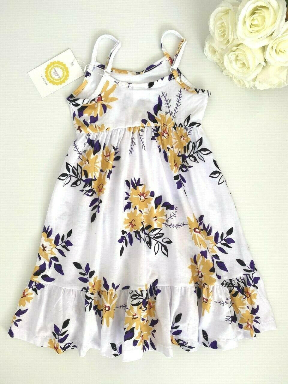 New Size 2 Girls Dress: Yellow Floral Print White Dress - MARIGOLD 