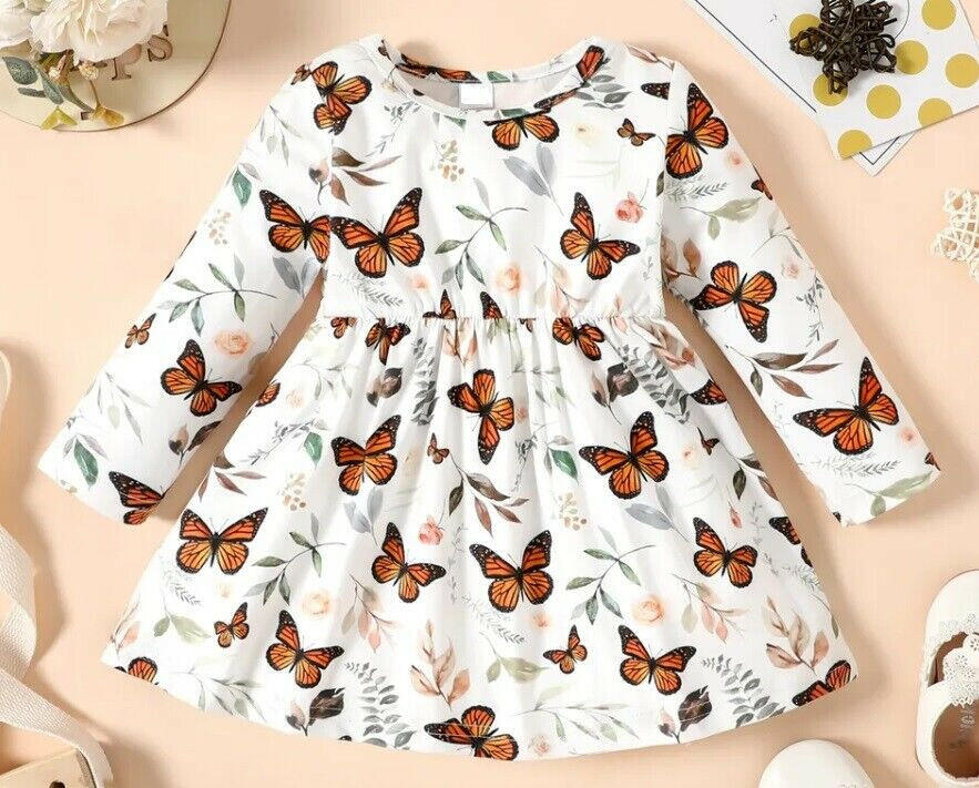 New Baby Toddler Girls Dress - Butterfly and Leaf Print Dress - MARIGOLD 