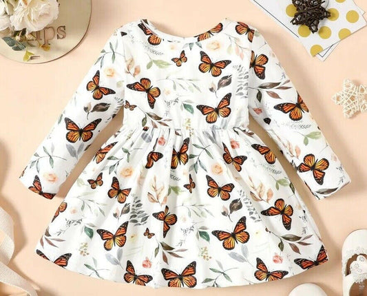 New Baby Toddler Girls Dress - Butterfly and Leaf Print Dress - MARIGOLD 