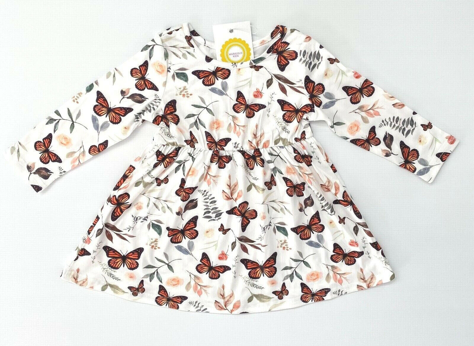New Baby Toddler Girls Dress - Butterfly and Leaf Print Dress - MARIGOLD 
