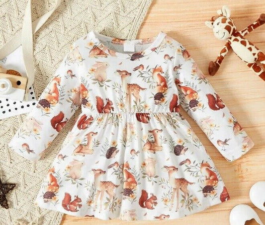New Baby Toddler Girls Dress - Whimsical Forest Animals Print - MARIGOLD 