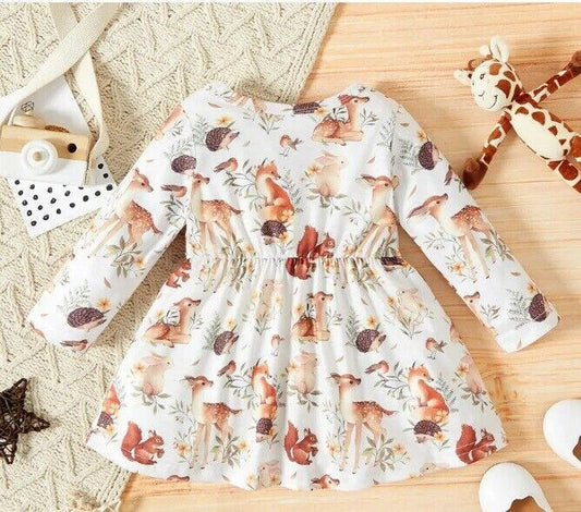 New Baby Toddler Girls Dress - Whimsical Forest Animals Print - MARIGOLD 