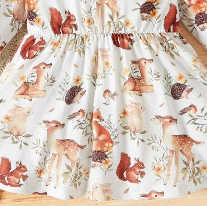 New Baby Toddler Girls Dress - Whimsical Forest Animals Print - MARIGOLD 