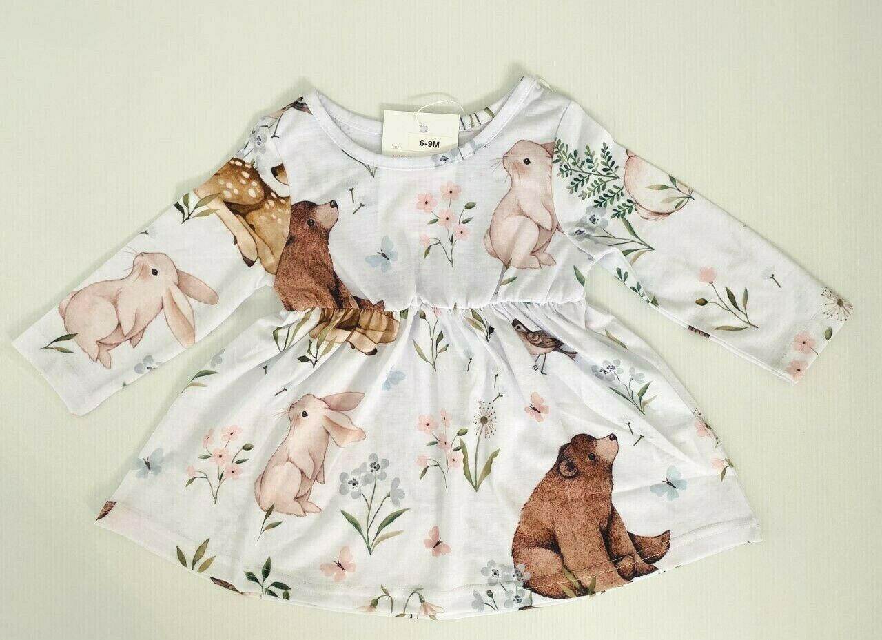 size 3-6m to 18-24 months new baby girls dress whimsical animal garden dress - MARIGOLD 