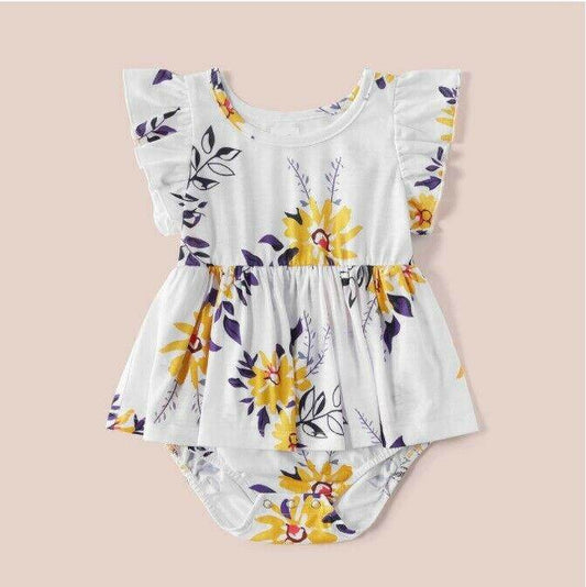 size 6-9m to 12-18m new baby girls dress yellow floral fluttersleeve white dress - MARIGOLD 