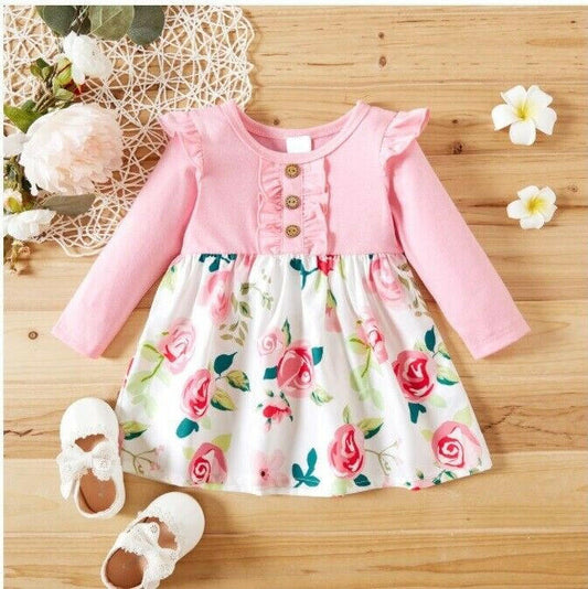 Baby Toddler Girls Pink Floral Long Sleeve Dress - MARIGOLD 