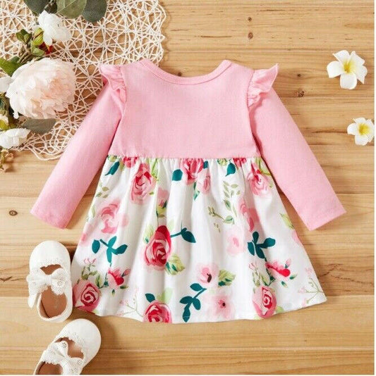 Baby Toddler Girls Pink Floral Long Sleeve Dress - MARIGOLD 
